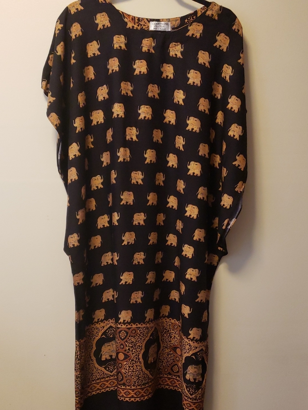 Champagne Cotton Black Caftan/Dress with Gold Elephant Motif
